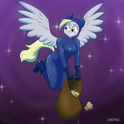 Size: 1000x1000 | Tagged: safe, artist:empyu, derpy hooves, anthro, boots, catsuit, clothes, flying, gloves, grin, muffin, sack, solo, stealing, thief