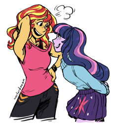 Size: 807x852 | Tagged: safe, artist:overlordneon, sunset shimmer, twilight sparkle, equestria girls, alternate costumes, arm behind back, armpits, blushing, clothes, cute, female, hand on hip, lesbian, looking at each other, shimmerbetes, shipping, simple background, smiling, sunsetsparkle, sweater, twiabetes