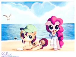 Size: 2000x1500 | Tagged: safe, artist:songbirdserenade, pinkie pie, sunset shimmer, bird, pony, beach, cap, clothes, cloud, food, hat, magic, mouth hold, ocean, paper, pencil, pizza, prone, sushi, thread