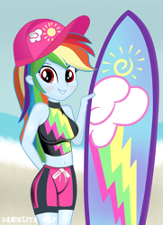 Size: 1024x1411 | Tagged: safe, artist:danielitamlp, derpibooru import, rainbow dash, better together, equestria girls, adorasexy, baseball cap, beach, belly button, blushing, board shorts, breasts, cap, clothes, cute, hat, looking at you, ocean, rainboob dash, sexy, surfboard, swimsuit