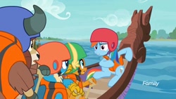 Size: 1280x720 | Tagged: safe, derpibooru import, screencap, gallus, rainbow dash, smolder, yona, dragon, griffon, pegasus, pony, yak, non-compete clause, angry, boat, cute, dashabetes, helmet, lifejacket, madorable