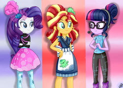 Size: 2100x1500 | Tagged: safe, artist:liniitadash23, rarity, sci-twi, sunset shimmer, twilight sparkle, eqg summertime shorts, equestria girls, good vibes, apron, barrette, clothes, dress, glasses, hairclip, hairpin, happi, headset, leg warmers, pants, skirt, standing, sunset sushi, sweater, toy interpretation, turtleneck, uniform