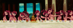 Size: 1000x381 | Tagged: safe, artist:girlieginger, pinkie pie, earth pony, pony, too many pinkie pies, female, fine art parody, mare, multeity, parody, the last supper, too much pink energy is dangerous