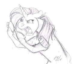 Size: 864x735 | Tagged: safe, artist:carnivorouscaribou, rarity, pony, unicorn, dragon quest, bipedal, floppy ears, grayscale, monochrome, open mouth, scene interpretation, solo, traditional art