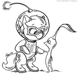 Size: 1000x969 | Tagged: safe, artist:kaemantis, silver spoon, earth pony, pony, black and white, captain olimar, clothes, cosplay, costume, duo, female, filly, glasses, grayscale, lineart, monochrome, pikmin, red pikmin, signature, simple background, white background