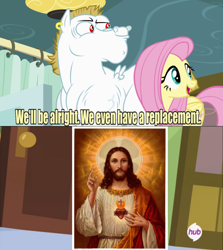 Size: 634x710 | Tagged: safe, bulk biceps, fluttershy, pegasus, pony, blonde, blonde mane, blonde tail, blue eyes, christianity, curtain, ear piercing, exploitable meme, female, jesus christ, looking to side, looking to the right, male, mare, meme, open mouth, piercing, pink mane, pink tail, red eyes, religion, replacement meme, smiling, spread wings, stallion, text, white coat, wings, yellow coat