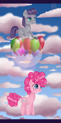 Size: 1000x2000 | Tagged: safe, artist:ogniva, maud pie, pinkie pie, earth pony, pony, maud pie (episode), balloon, cloud, cloudy, flying, then watch her balloons lift her up to the sky, younger