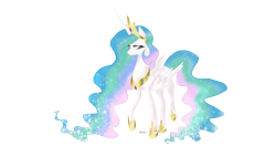 Size: 1585x901 | Tagged: safe, artist:mitzies, princess celestia, alicorn, pony, crown, female, horn, mare, multicolored mane, multicolored tail, solo, white coat, white wings, wings