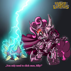 Size: 2000x2000 | Tagged: safe, artist:davidcurser, pinkie pie, earth pony, pony, armor, crossover, league of legends, lightning, mace, mordekaiser, solo, spikes