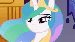 Size: 678x382 | Tagged: safe, artist:forgalorga, princess celestia, starlight glimmer, alicorn, pony, animated, close-up, gif, give me your wings, letterboxing, staring contest