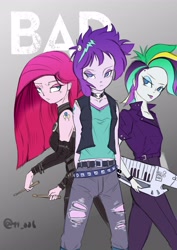 Size: 2893x4092 | Tagged: safe, artist:oberon826, pinkie pie, rarity, starlight glimmer, equestria girls, alternate hairstyle, clothes, drumsticks, female, jacket, jeans, keytar, leather jacket, musical instrument, pants, punk, raripunk, ripped jeans, tongue out, trio