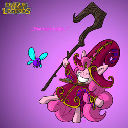 Size: 2000x2000 | Tagged: safe, pinkie pie, earth pony, parasprite, pony, clothes, crossover, giant hat, hat, league of legends, lulu (league of legends), robe, staff