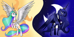 Size: 3464x1732 | Tagged: safe, artist:pxoenix2014, princess celestia, princess luna, alicorn, pony, female, flying, mare, moon, one hoof raised, spread wings, sun, wings