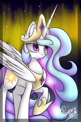 Size: 1024x1536 | Tagged: safe, artist:pxoenix2014, princess celestia, alicorn, pony, aurora borealis, raised hoof, solo