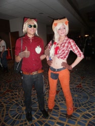 Size: 768x1024 | Tagged: artist needed, safe, artist:unkcos6, applejack, big macintosh, human, belly button, bellyring, chaps, clothes, convention, cosplay, dragoncon, dragoncon 2011, front knot midriff, gloves, irl, irl human, midriff, photo