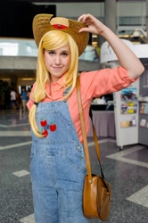 Size: 1198x1800 | Tagged: safe, artist:rappydemon, applejack, human, cosplay, fanimecon, irl, irl human, overalls, photo, solo