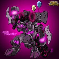 Size: 2000x2000 | Tagged: safe, artist:davidcurser, pinkie pie, earth pony, pony, balloon, blades, cho'gath, crossover, glowing eyes, league of legends, mecha, solo