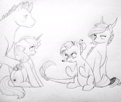Size: 2046x1726 | Tagged: safe, artist:kianamai, rarity, oc, oc:anthea, oc:crystal clarity, oc:turquoise blitz, dracony, hybrid, pony, unicorn, adopted offspring, alternate hairstyle, female, freckles, interspecies offspring, kilalaverse, monochrome, mother and child, mother and daughter, mother and son, next generation, offspring, older, parent and child, parent:fluttershy, parent:oc:azalea, parent:oc:berry vine, parent:rarity, parent:spike, parents:oc x oc, parents:sparity, pencil drawing, pregnant, traditional art