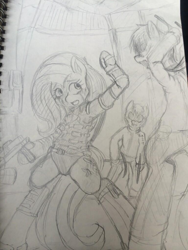 Size: 768x1024 | Tagged: safe, artist:wonton soup, fluttershy, pegasus, pony, bipedal, dead space, dead space 3, fight, monochrome, pixiv, traditional art