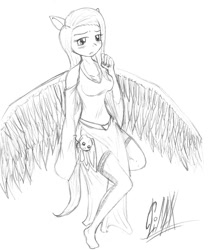 Size: 900x1075 | Tagged: safe, artist:le-okami, fluttershy, anthro, asura's wrath, monochrome, solo, the girl