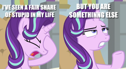 Size: 1978x1080 | Tagged: safe, edit, edited screencap, screencap, starlight glimmer, pony, marks for effort, annoyed, frustrated, image macro, meme, reaction image, solo, text