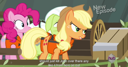 Size: 1152x607 | Tagged: safe, screencap, applejack, granny smith, pinkie pie, earth pony, pony, pinkie apple pie, meme, youtube caption