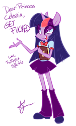 Size: 500x829 | Tagged: safe, artist:tychosexual, derpibooru import, twilight sparkle, equestria girls, book, dialogue, humanized, solo, vulgar