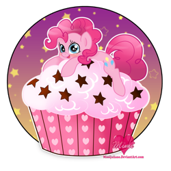 Size: 2449x2449 | Tagged: safe, artist:mimijuliane, pinkie pie, pony, cupcake, female, looking at you, mare, solo