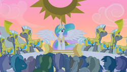 Size: 1366x768 | Tagged: safe, screencap, amethyst star, dizzy twister, mjölna, oakey doke, orange swirl, princess celestia, silver spanner, sparkler, alicorn, pony, the cutie mark chronicles, background pony, background pony audience, bottlecap (character), clones, eiffel, fuchsia fizz, lavenderhoof, royal guard, welch