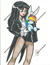 Size: 1205x1553 | Tagged: safe, artist:ponygoddess, derpibooru import, rainbow dash, human, bunny ears, crossover, cute, dashabetes, dc comics, fishnet stockings, hat, magic trick, magician, simple background, tailcoat, top hat, traditional art, unamused, watermark, white background, zatanna