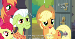 Size: 1153x606 | Tagged: safe, screencap, apple bloom, applejack, big macintosh, granny smith, earth pony, pony, pinkie apple pie, male, meme, stallion, youtube caption