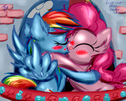 Size: 960x768 | Tagged: safe, artist:frist44, derpibooru import, pinkie pie, rainbow dash, earth pony, pegasus, pony, female, kissing, lesbian, middle feather, middle finger, pinkiedash, shipping, vulgar, wing hands