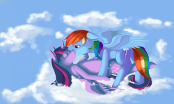 Size: 6000x3600 | Tagged: safe, artist:techgamer, derpibooru import, rainbow dash, twilight sparkle, twilight sparkle (alicorn), alicorn, pegasus, pony, backwards cutie mark, cloud, cloudy, female, kissing, lesbian, mare, shipping, twidash