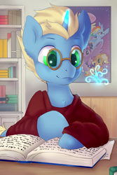 Size: 933x1400 | Tagged: safe, artist:tokokami, derpibooru import, applejack, fluttershy, rainbow dash, twilight sparkle, twilight sparkle (alicorn), oc, alicorn, earth pony, pegasus, pony, unicorn, book, bookshelf, glasses, reading, solo