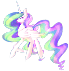 Size: 1326x1356 | Tagged: safe, artist:kookoi, princess celestia, alicorn, pony, female, horn, mare, missing accessory, multicolored mane, multicolored tail, solo, white coat, white wings, wings