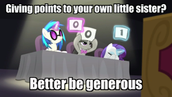 Size: 500x283 | Tagged: safe, dj pon-3, octavia melody, rarity, score, vinyl scratch, earth pony, pony, unicorn, bloom and gloom, card, facehoof, image macro, judges, meme, music judges meme, nepotism, table, vinyl and octavia are not impressed