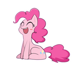 Size: 750x750 | Tagged: safe, artist:makita, pinkie pie, earth pony, pony, blush sticker, blushing, cute, diapinkes, eyes closed, open mouth, pixiv, simple background, sitting, solo, white background