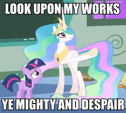 Size: 650x583 | Tagged: safe, screencap, princess celestia, twilight sparkle, alicorn, pony, image macro, meme, ozymandias, percy bysshe shelley