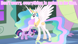 Size: 640x360 | Tagged: safe, princess celestia, twilight sparkle, alicorn, pony, comforting, image macro, meme, pink text