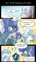 Size: 800x1376 | Tagged: safe, artist:toki, princess celestia, princess luna, alicorn, pony, ask snake luna, comic, magic, telekinesis