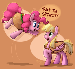 Size: 1100x1012 | Tagged: safe, artist:thedoggygal, meadow flower, pinkie pie, earth pony, pony, andrea libman, clothes, costume, dialogue, food costume, hot dog, ponified, voice actor joke