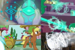 Size: 3072x2048 | Tagged: safe, screencap, lyra heartstrings, quarter hearts, sunset shimmer, wallflower blush, earth pony, pony, equestria girls, equestria girls series, flutter brutter, forgotten friendship, cart, comparison, cropped, female, gem, link, magic, magic circle, mare, memory, memory stone, mirror of twilight, ponified, reference, runes, rupee, sheikah stone, smiling, smirk, solo focus, the legend of zelda, the legend of zelda: twilight princess, trotting, written equestrian