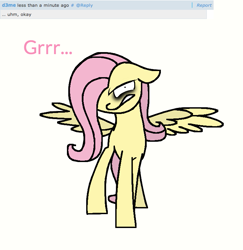 Size: 719x739 | Tagged: safe, artist:ponycakesofsweetness, fluttershy, pegasus, pony, .mov, @d3me, angry, ask, floppy ears, fluttershed, gritted teeth, growling, looking at you, murdershy, question, reply, shed.mov, solo, spread wings, tumblr, wide eyes