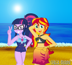 Size: 2872x2576 | Tagged: safe, artist:cyber-murph, sci-twi, sunset shimmer, twilight sparkle, better together, equestria girls, forgotten friendship, arm behind head, beach, belly, belly button, bikini, clothes, geode of empathy, geode of telekinesis, glasses, magical geodes, midriff, ocean, one-piece swimsuit, peace sign, sarong, swimsuit