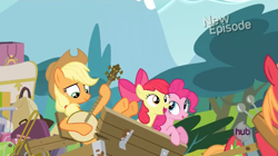 Size: 853x478 | Tagged: safe, screencap, apple bloom, applejack, big macintosh, pinkie pie, earth pony, pony, pinkie apple pie, apples to the core, hub logo, new episode