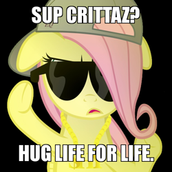 Size: 550x550 | Tagged: safe, artist:coltsteelstallion, artist:fonypan, fluttershy, pegasus, pony, cute, floppy ears, gangsta, hat, hug life, solo, sunglasses