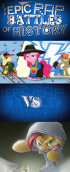 Size: 434x1065 | Tagged: safe, babs seed, doctor whooves, goldengrape, pinkie pie, sir colton vines iii, earth pony, pony, babs the rapper, clothes, epic rap battles of history, exploitable meme, floppy ears, hat, hoodie, image macro, lidded eyes, looking at you, meme, rapper pie, smiling