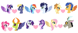 Size: 1296x558 | Tagged: safe, artist:xxwerecatdipperxx, applejack, discord, flash sentry, fluttershy, pinkie pie, rainbow dash, rarity, soarin', star tracker, starlight glimmer, thorax, twilight sparkle, twilight sparkle (alicorn), alicorn, changedling, changeling, earth pony, pegasus, pony, unicorn, bust, cowboy hat, discoshy, fangs, female, flashjack, hat, horn, horns, king thorax, lesbian, lineless, male, mane six, mare, pinkirax, portrait, profile, shipping, shipping chart, simple background, soarindash, stallion, starity, straight, twitracker, white background, wings