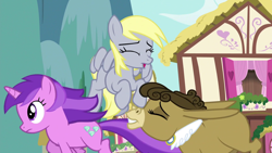 Size: 1920x1080 | Tagged: safe, screencap, amethyst star, derpy hooves, matilda, sparkler, pegasus, pony, slice of life (episode), female, house, mare, running