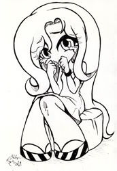 Size: 549x800 | Tagged: safe, artist:reikosketch, fluttershy, human, crying, humanized, monochrome, sad, solo